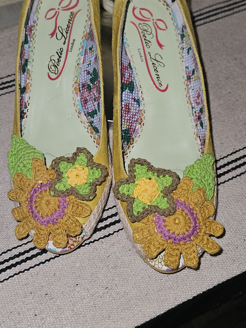 Poetic License Gold Flats with Multicolor Crochet Flowers Coquette Granny Core